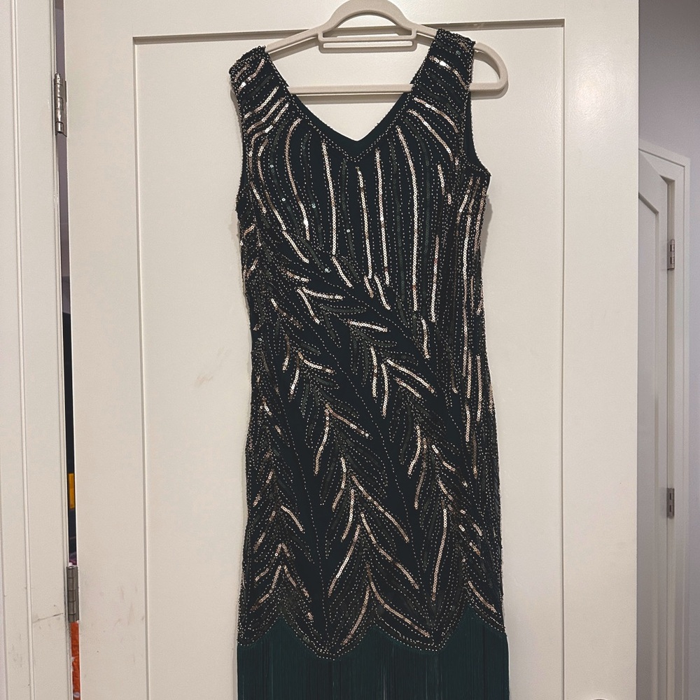 1920s Sequined Tassels Flapper Dress - Dark Green / XL / 10~12
